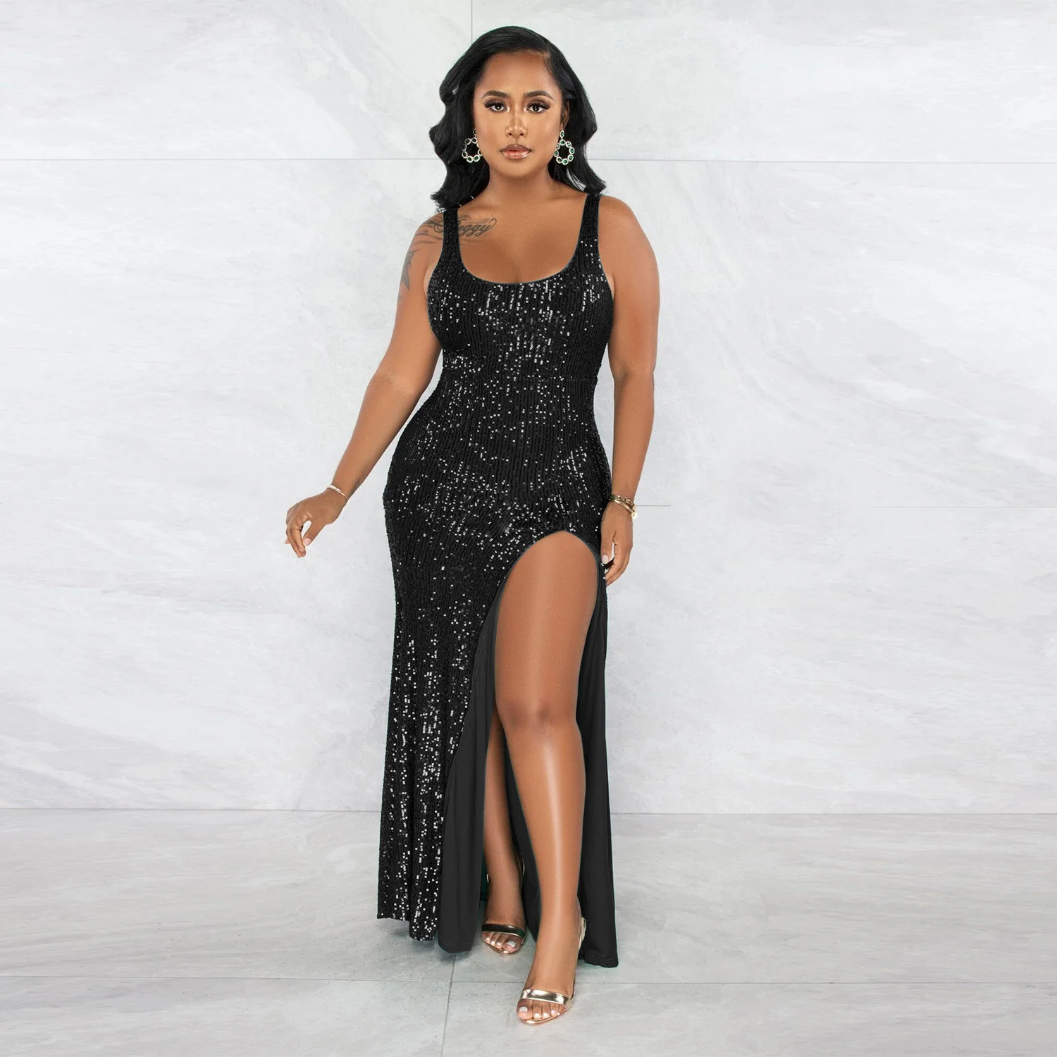 

Zoctuo Sexy Sequin Split Long Dress For Women Solid Strap Backless Sleeveless Bodycon Vestidos Club Wear Part
