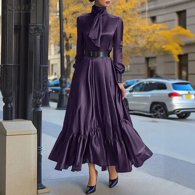 ZANZEA Elegant Women Satin Silk Party Maxi Dress Tie Neck Long Sleeve Ruffled Hem Long Dress Evening Cocktail Glossy Robes Femme 1