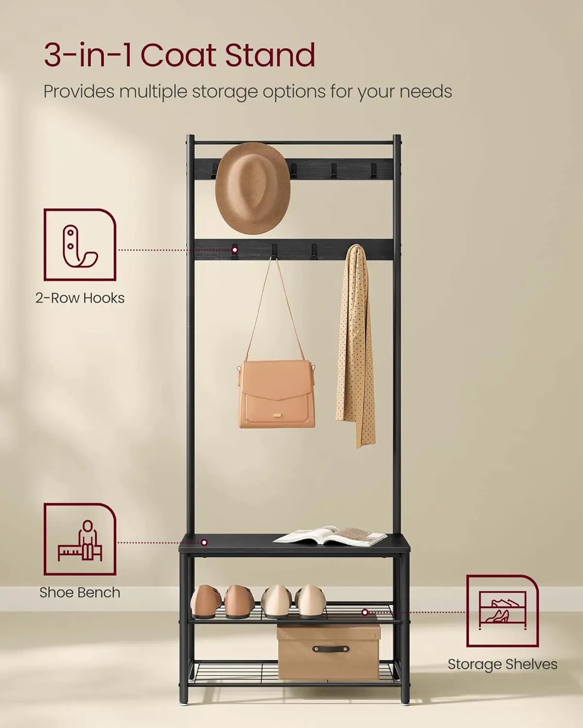 Coat Rack, Hall Tree with Shoe Storage Bench, Entryway Bench with Shoe Storage, 3-in-1, Steel Frame,