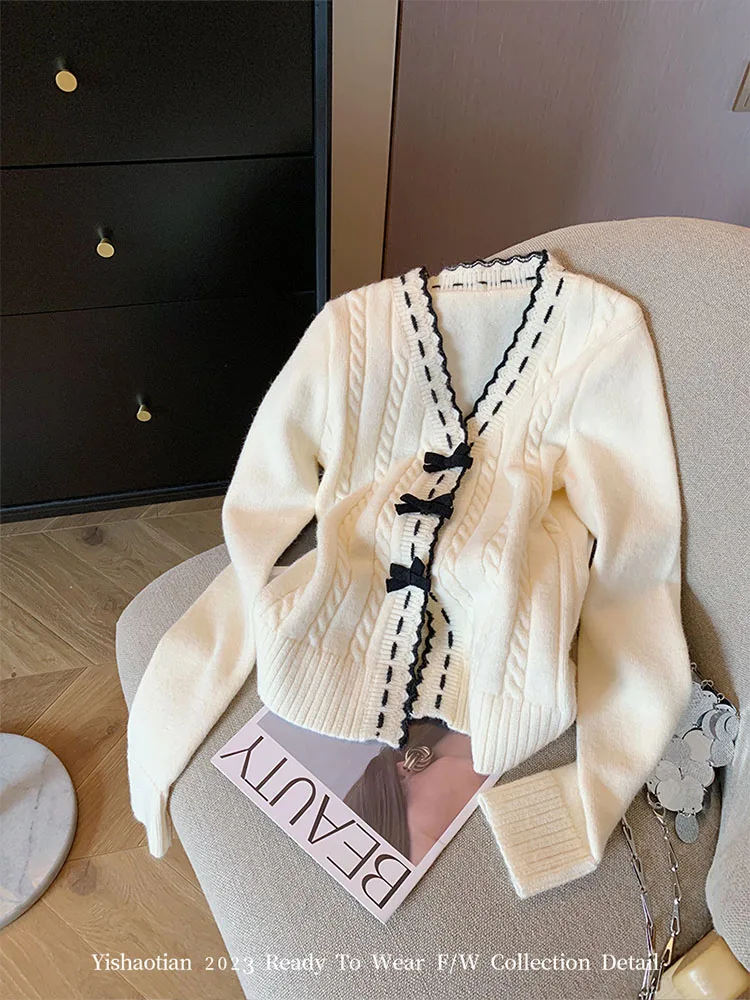 프렌치 스타일 우아한 니트 가디건, V넥 긴팔 활 니트웨어 점퍼, 아늑한 패션, 2000 년대 미학, 스위트 오버사이즈 시크 스웨터