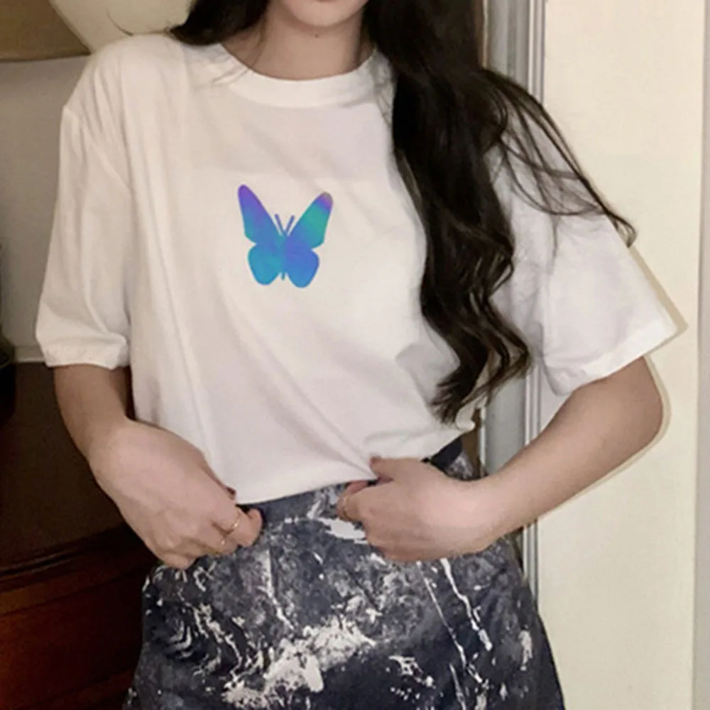 Butterfly Print Short Sleeve Tee Tops for Summer