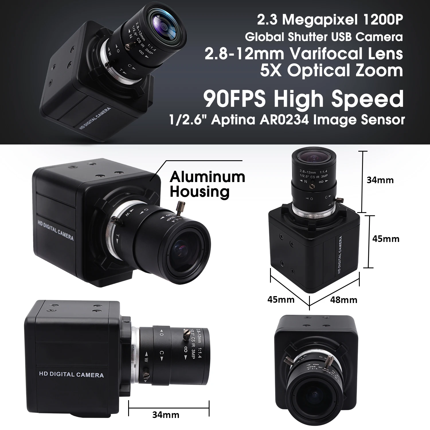 ELP 2MP  90FPS ۷ι  ̴ UVC USB2.0  ī޶ AR0234,  , 5-50mm, 2.8-12mm   