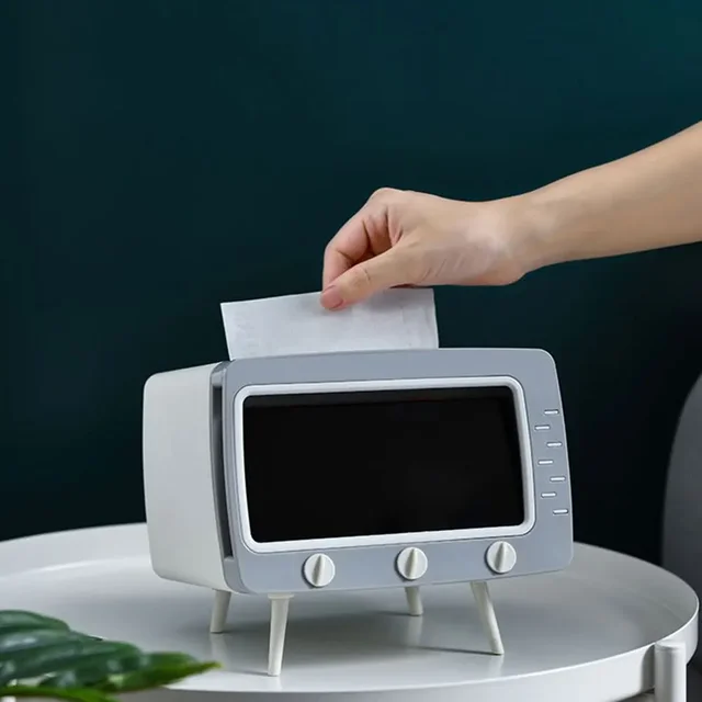 Étui à Mouchoirs Design TV Rétro - Support Téléphone Intégré - Multifonction - ABS - 18,5x16x14,5 Cm - Kawaii