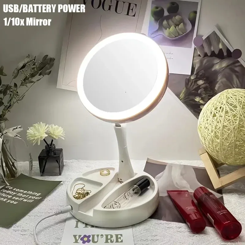 360&deg;Lighting Makeup Mirror With LED Light USB Portable Foldable Desk Vanity Mirror Adjustable HD Travel Home Beauty Tools