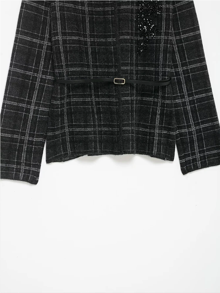 Women Check Knitted Jacket 2025 Autumn Winter Women's Coat Long Sleeve With Belt Jackets Female Streetwear Casual New Outerwear