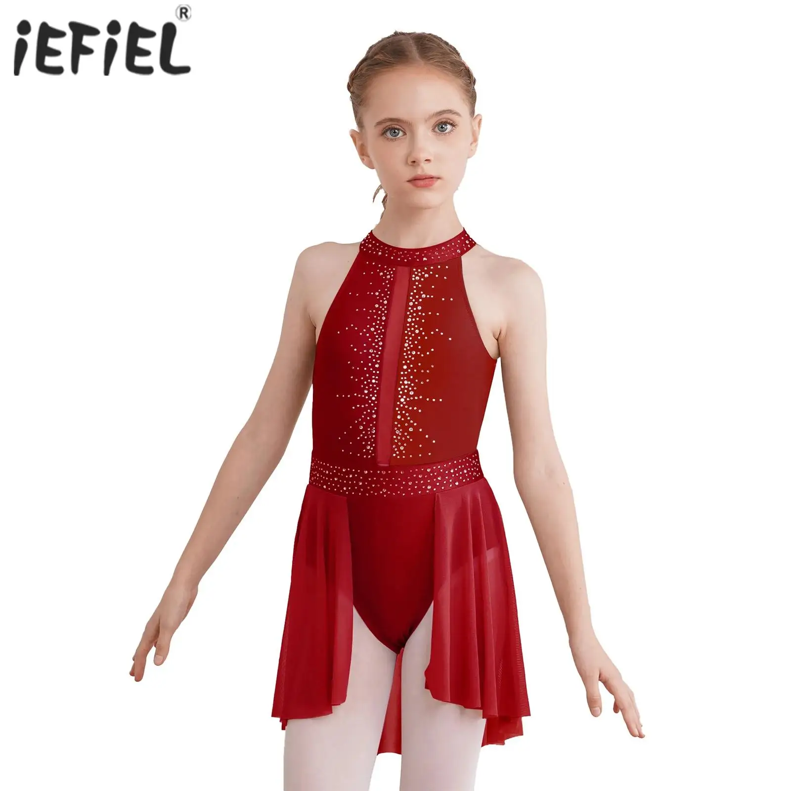 

Kids Girls Shiny Rhinestones Figure Skating Ballet Lyrical Dance Performance Costume Mock Neck Cutout Back Tutu Leotard Dress