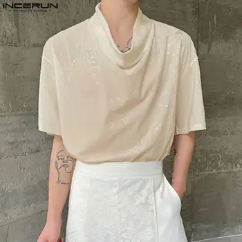 INCERUN 남성용 자카드 칼라 티셔츠, 캐쥬얼 심플 니트, 반팔 카미세타 S-5XL, 약간 투명한 상의, 2024