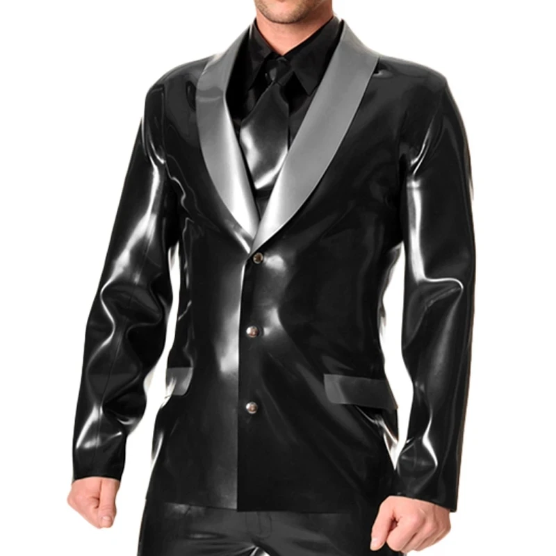 

0.6mm Sexy Latex Jackets Suit Black and Silver Trims Buttons Front Pocket Rubber Coat