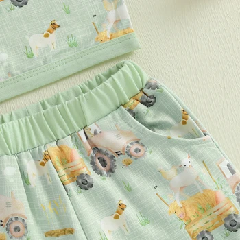 Cute Baby Boy Outfit Set with Tractor Print Tank Top and Elastic Waist Shorts Farm Animal Theme Toddler Clothes 3