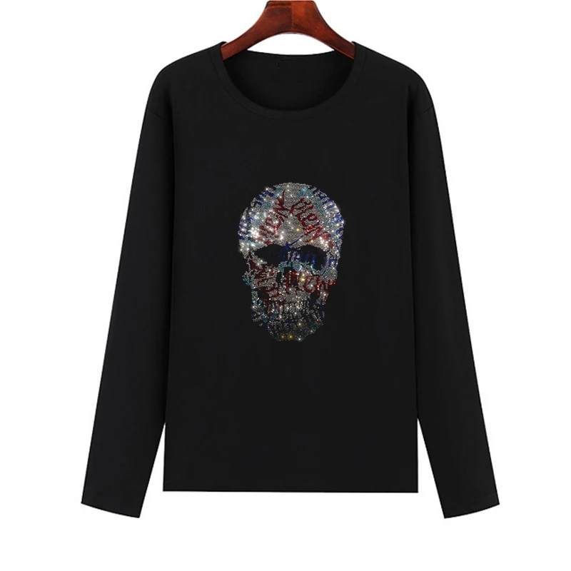 

Женская хлопковая футболка с длинным рукавом и принтом черепа