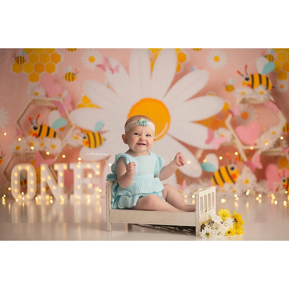 Photo Backdrop White Daisy Flowers Better Bee Photo Background Sweet Honey Photo Studio Props Kids Birthday Cake Smash