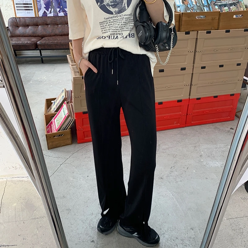 2024 Spring Elastic Waist Straight Trousers Summer Women's Loose All-Match Solid High Waist Split Knit Casual Asian Size Pants