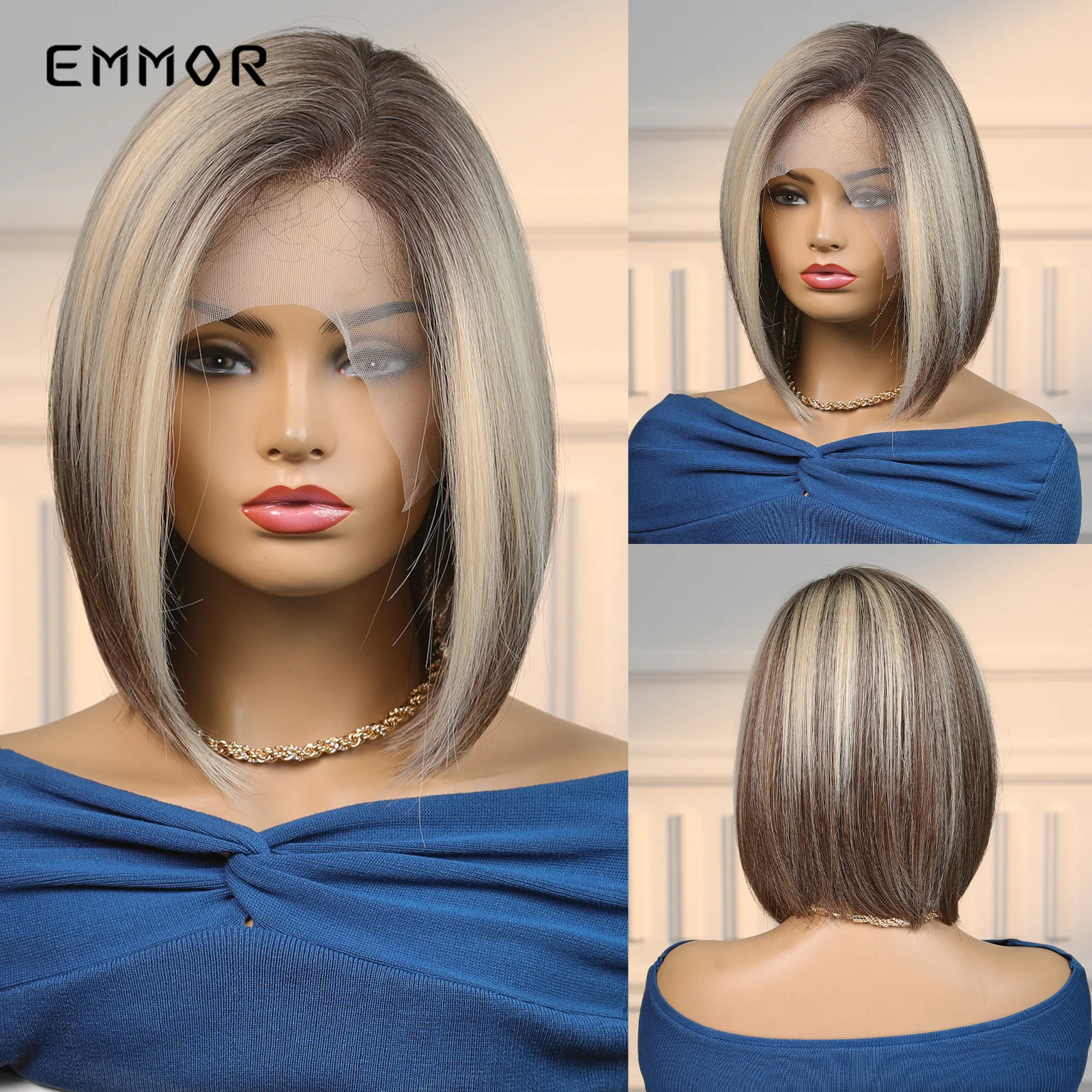 

Short Brown Ombre Blonde Lace Frontal Wig Simulation of Human Hair Straight Bob Wig Cosplay Use Daily Parted Hair Wigs For Women