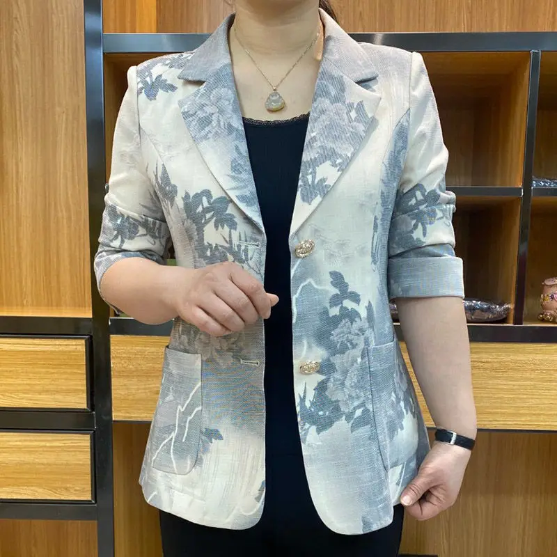Retro Ink Painting Print Notched Collar Single Breasted Female Suit Jacket Fashion Casual Long Sleeve Blazers Women Coat Clothes