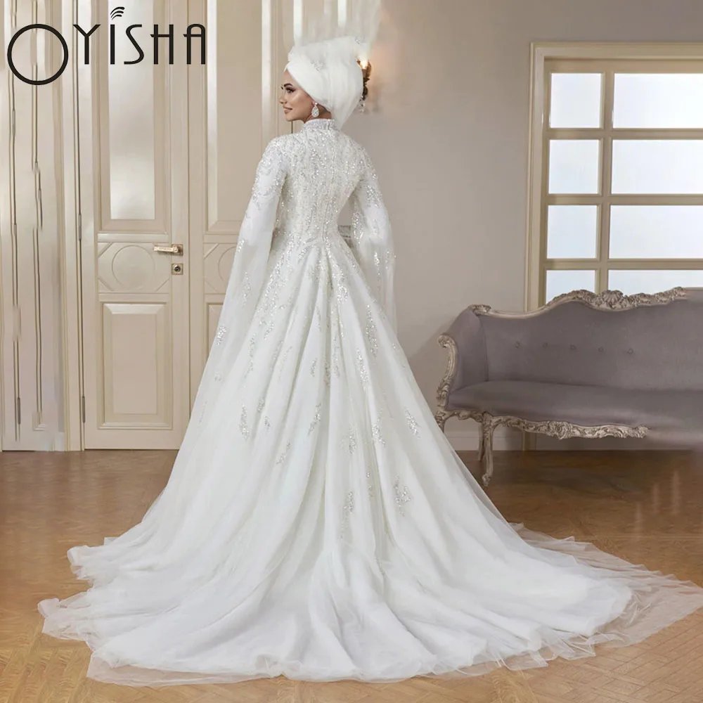 OYISHA 럭셔리 비즈 긴팔 이슬람 웨딩 드레스, 하이넥 이슬람 히잡 신부 가운, 아랍어 두바이 카프탄 베스티도스 드 노비 럭셔리 비즈 긴 소매 무슬림 웨딩드레스 목폴라 이슬람 Hijab 신부 드레스 아랍 두바이 카프탄