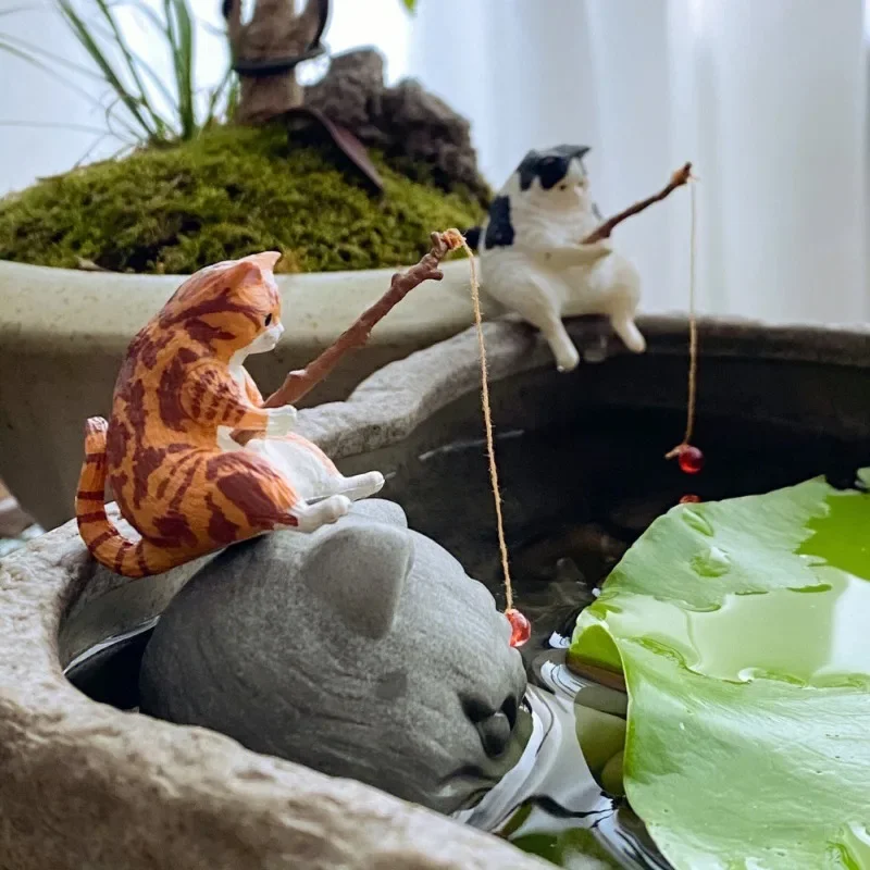 5/10PCS Fish Tank Landscaping Vivid Shape Exquisite Cartoon Fishing Cat Ornament Fish Tank Accessories Aquarium Home Decorations
