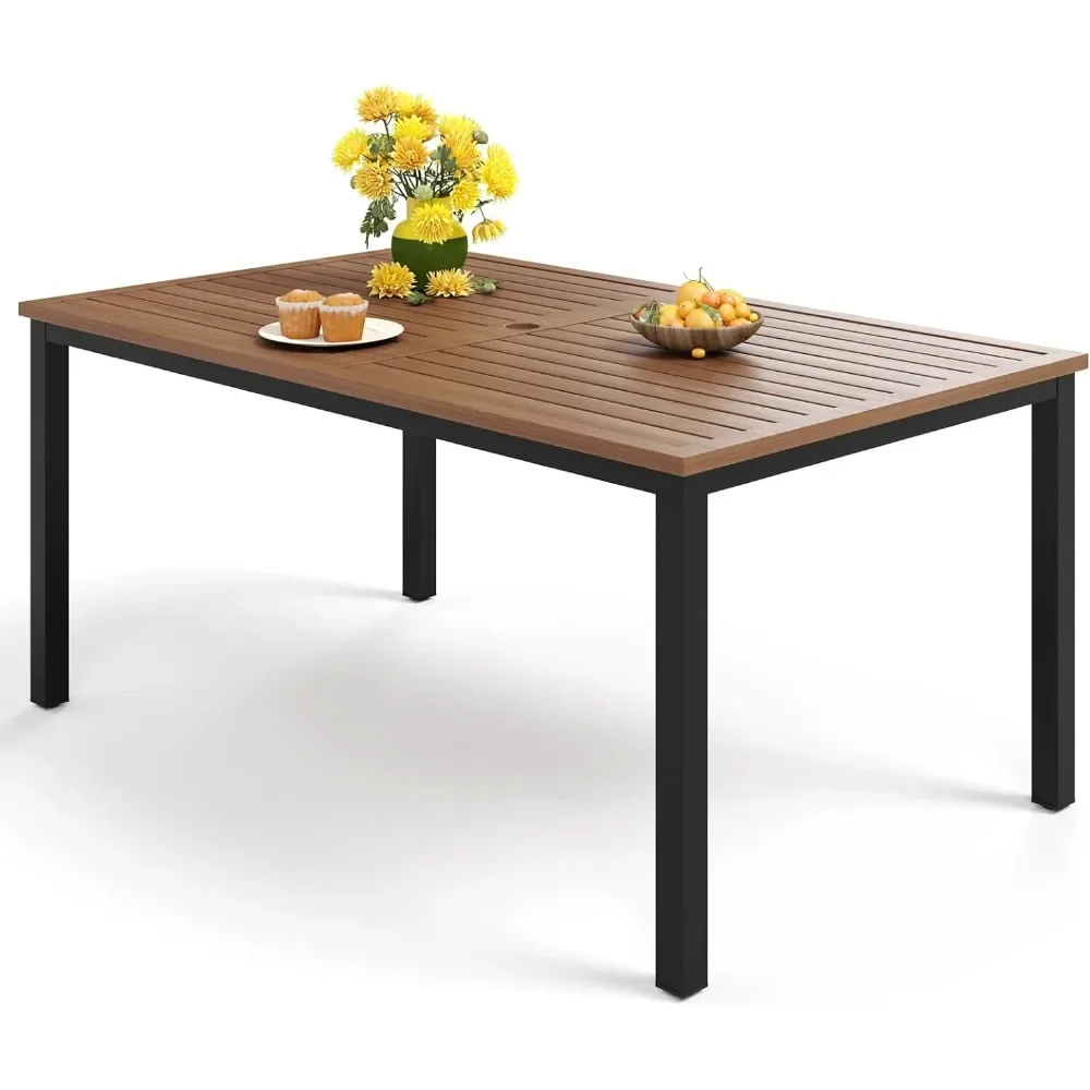 

64"x38" Rectangle Outdoor Dining Table,Patio Furniture Wood-Like Tabletop with Adjustable Umbrella Hole for Deck,Backyard,Garden