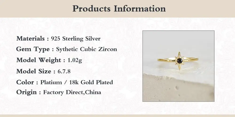 ROXI  여덟 지적 스타 블랙 큐빅 지르코니아 패션 손가락 반지 여성 남성 사이즈 6/7/8 반지 Bijoux Femme