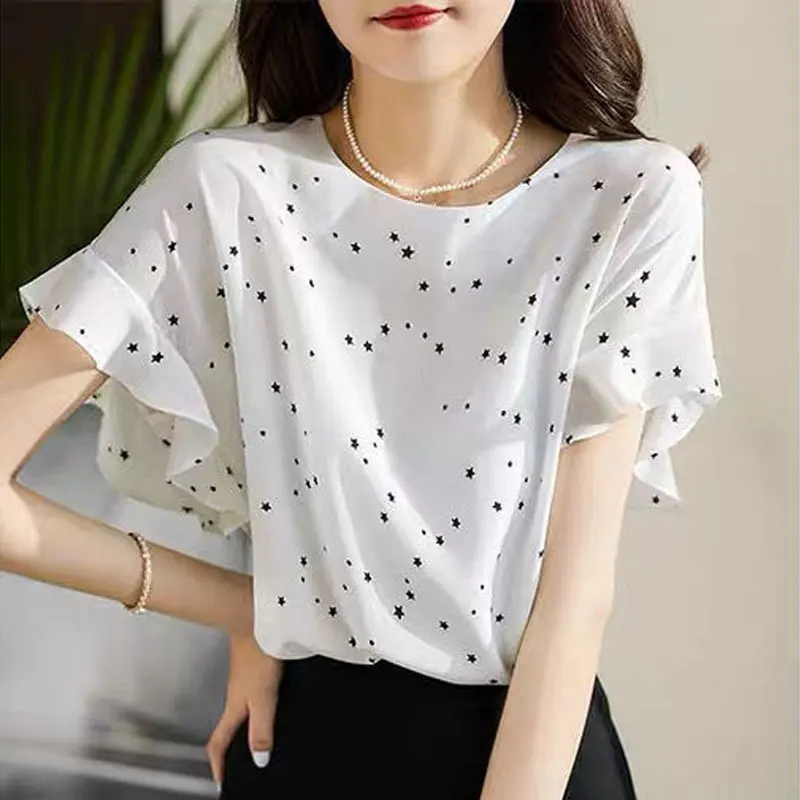 

Casual Star Printed Chiffon Blouse Female Clothing Korean Round Neck Fashion Ruffles Patchwork Summer Short Sleeve Loose Shirt