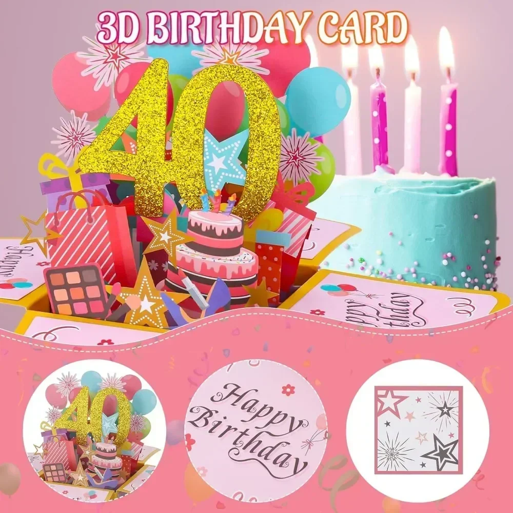 Greeting Cards 18/30/40/50/60th Happy Birthday Card Funny Envelope 3D Pop Up Birthday Greeting Card Colorful Flower Greeting Card