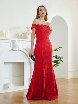 فساتين وصيفة الشرف طويلة حورية البحر باللون الأحمر الساحر أنيقة قبالة الكتف مطرز بالخرز من الدانتيل بطول الأرض لحفلات الزفاف والحفلات الراقصة 6