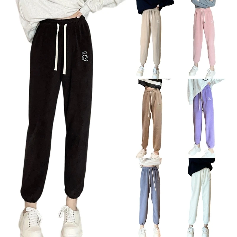 

Trendy Women's Casual Long Pants High Waist Trousers with Bear Embroidery