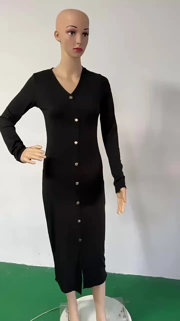 Robe Femme Printemps En Coton Lin - Manches Longues, Boutonnée, Unie - Élégante Et Décontractée Pour Bureau, Sortie