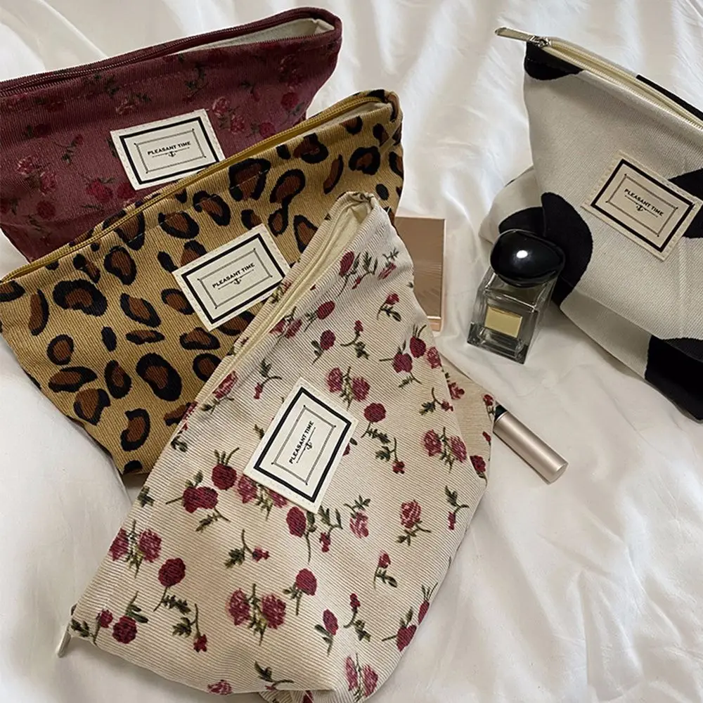 Corduroy Retro Leopard Print Cosmetic Bag Wash Bag Women Travel Cosmetic Pouch Beauty Storage Cases Make Up Organizer Clutch Bag 2