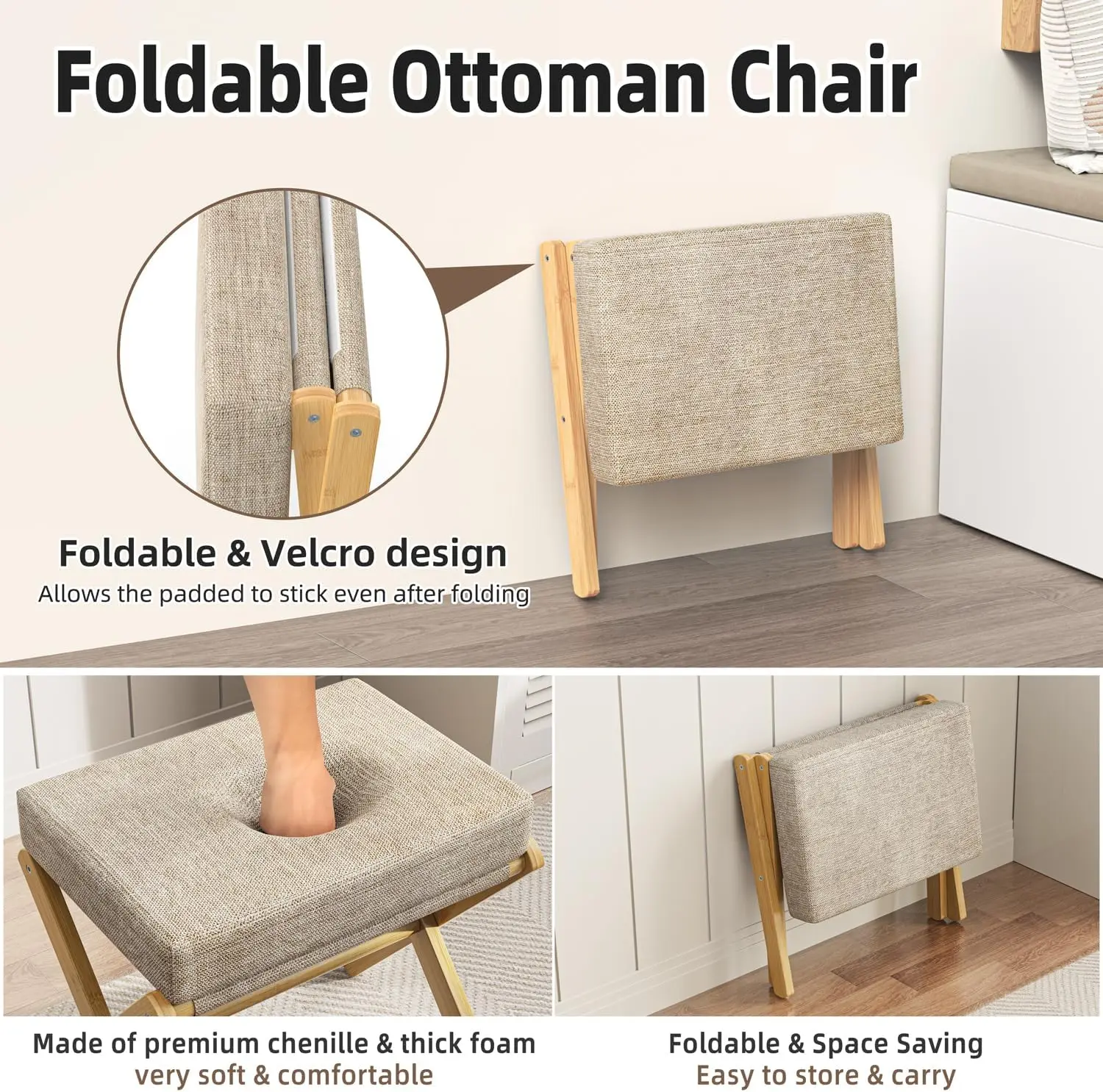 Foldable Foot Stool Ottoman, Modern Foot Rest with Bamboo X Legs & Thick Foam Cushion, Folding Foot Stools Small Padded