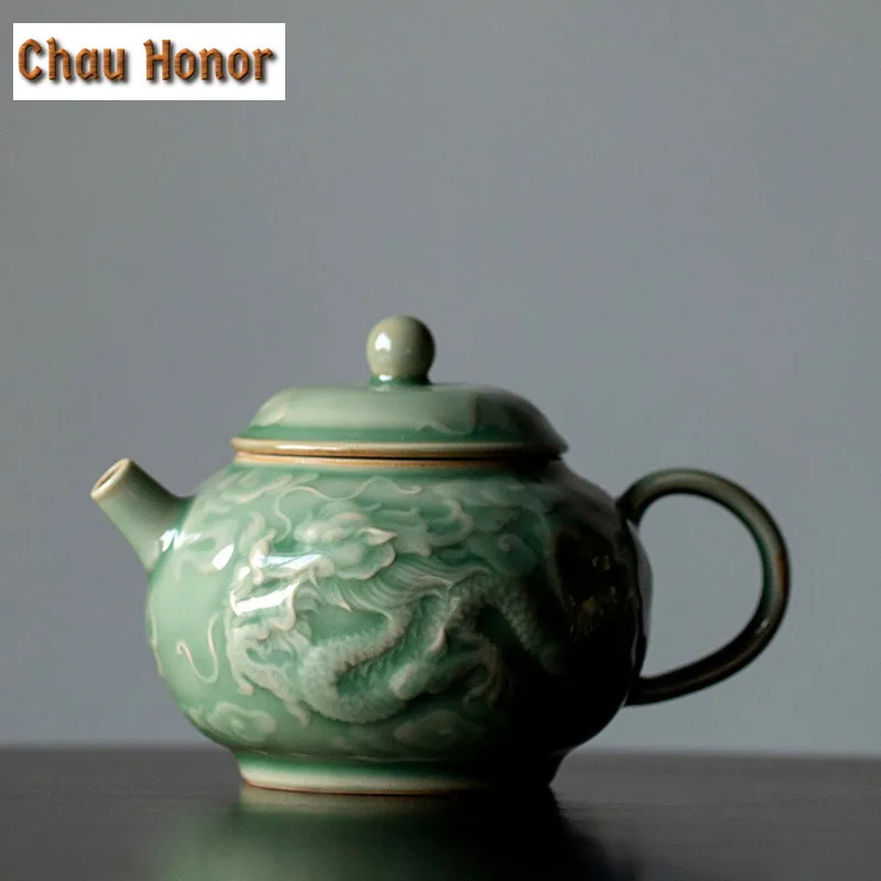 Boutique Yue Kiln Celadon Ceramic Teapot Relief Dragon And Phoenix Art Single Pot With Filter Household Kung Fu Tea Maker Tools
