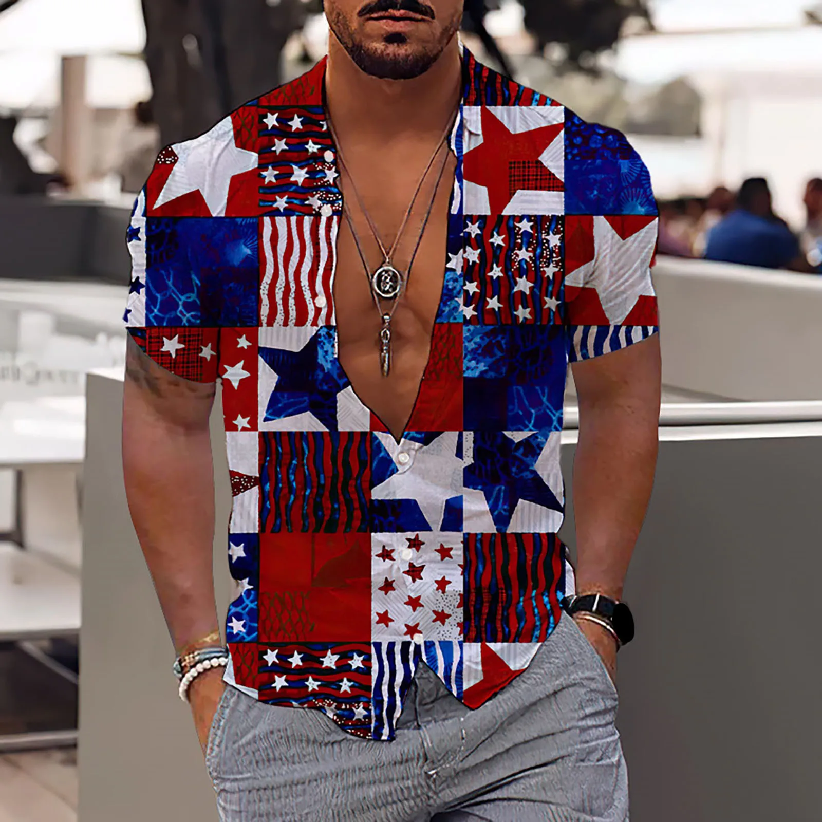 

Mens Fashion And Leisure 3D Digital Printing Button Lapel Independence Day Short Sleeve Shirt Tops Handsome Men Korean Fashion
