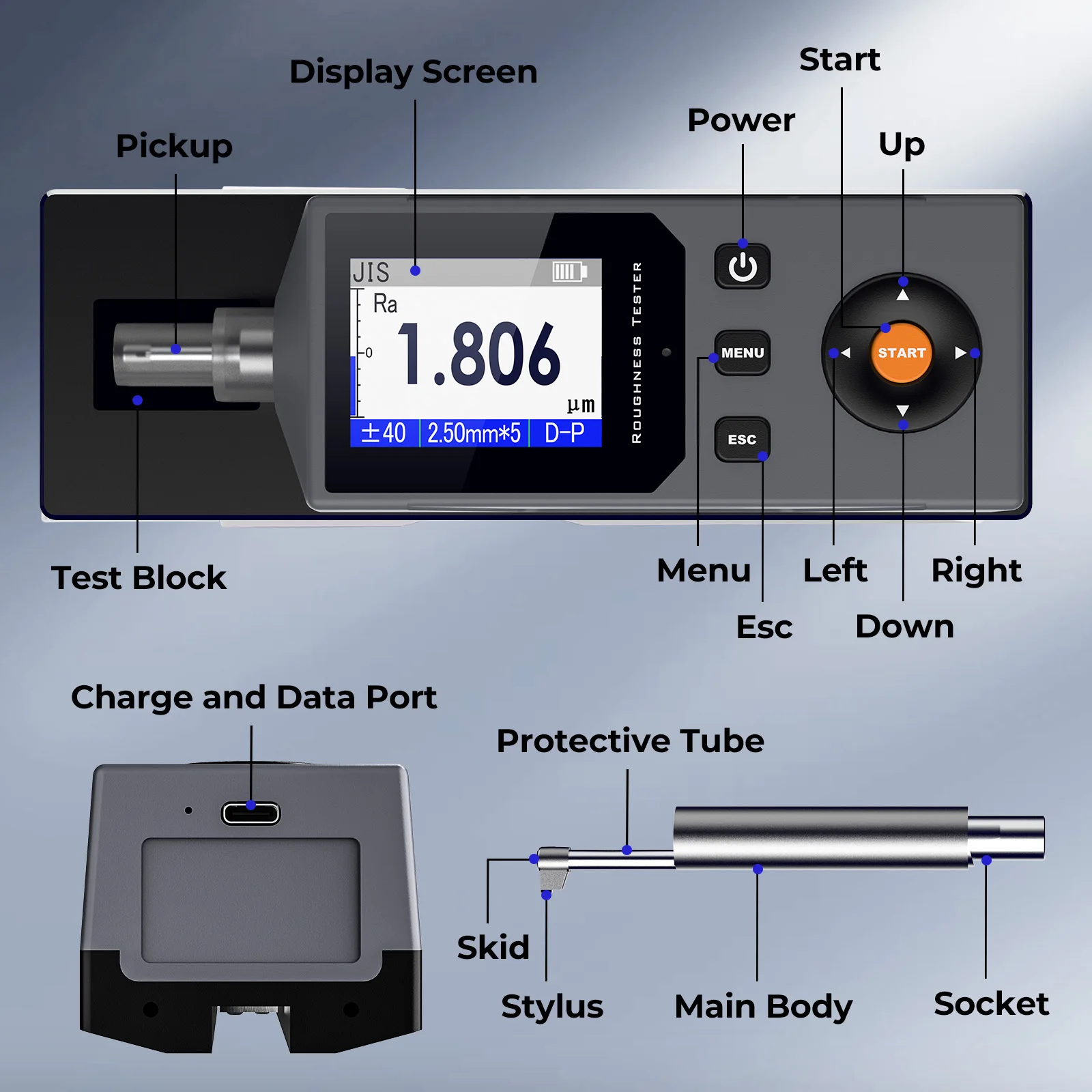 Roughness Meter Ra Rq Rv Rs Etc 12+ Parameters, Digital Surface Roughness Tester