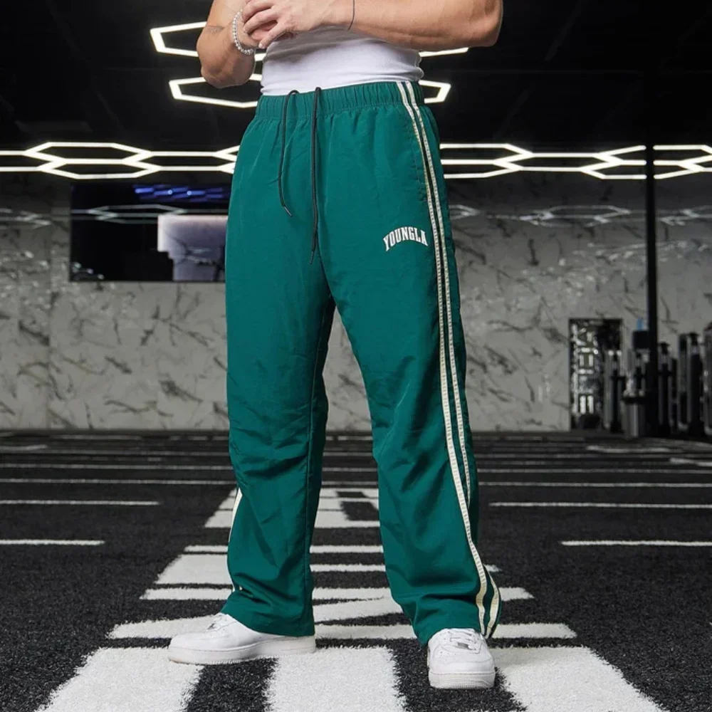 YOUNGLA American sports pants double stitching printed casual pants gym exercise fitness waist straight casual pants sports pants casual sports pants printed pants