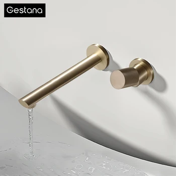 Rubinetto da bagno di lusso con volume d'acqua regolabile montato a parete in ottone dorato spazzolato Design incorporato per rubinetto per lavabo con acqua calda e fredda 1