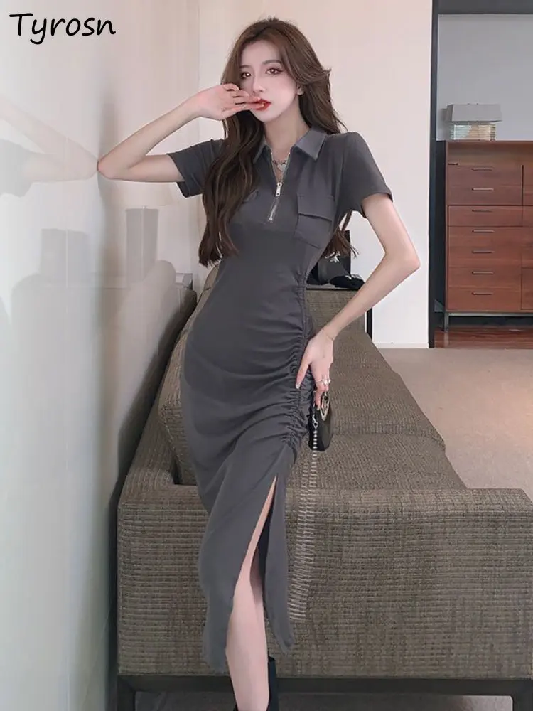 

Dresses Women Elegant Fashion Solid Shirring Design Side Slit Simple Summer Midi Tender All-match Slim Korean Style Leisure Cozy