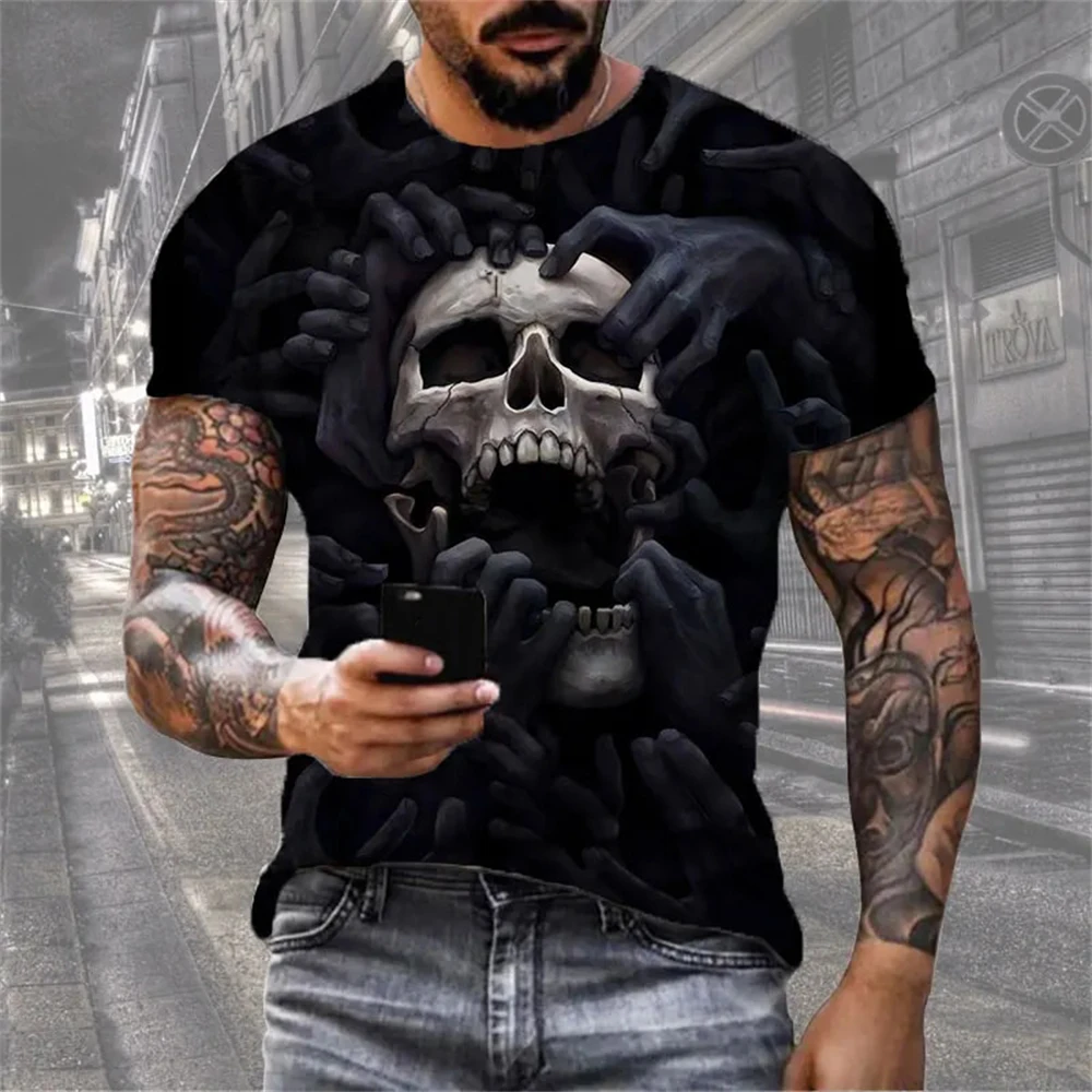 Mens 3D Skull T-Shirt - Black Gothic Short Sleeve Halloween Top