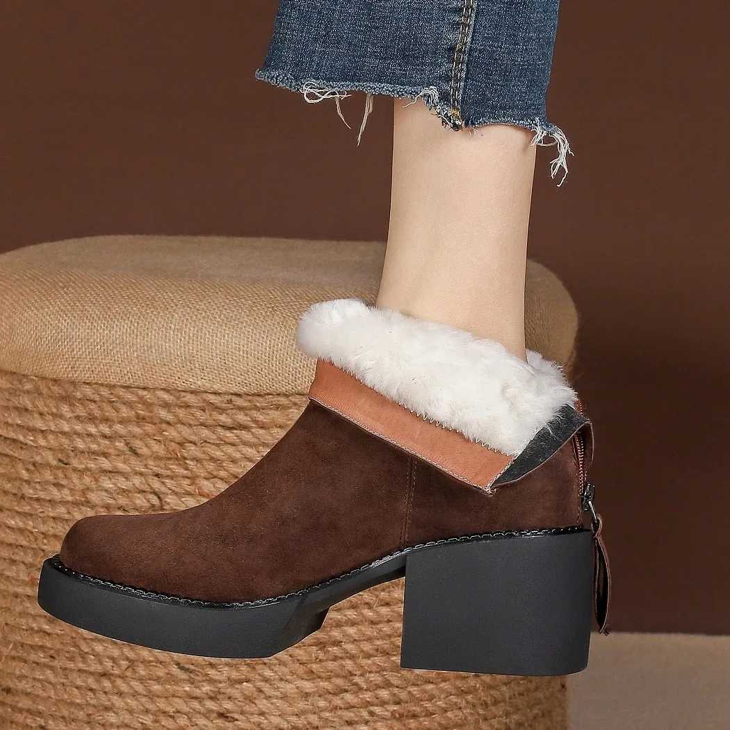 

Warm Fur Winter Boots Round Toe Women Shoes With Zippers Female Platform Shoes Woman Sheepsude Real Leather Spring Autumn Botas