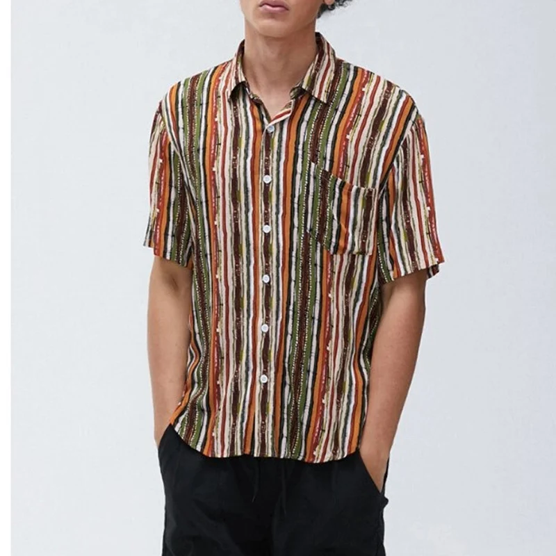 

Vintage Striped Shirts Men Casual Short-sleeved Button Lapel Shirt Tops Summer Mens Clothes Fashion Loose Beach Style Shirt Male