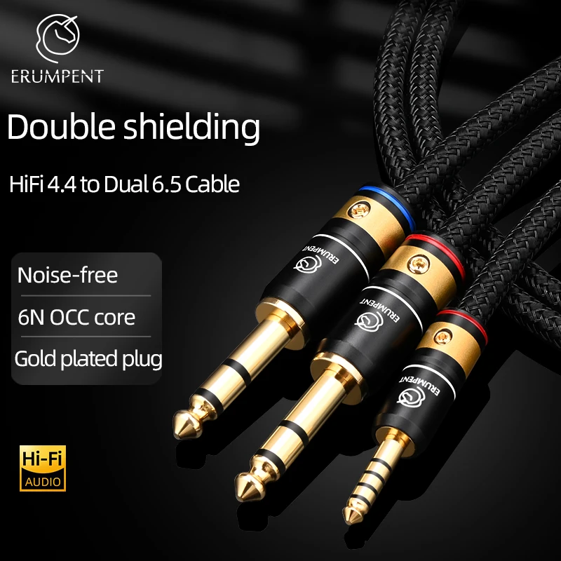 6N OCC HiFi 4.4mm to Dual 6.5mm Audio Cable Gold Plated Plug Balanced 4.4 Jack to Dual 6.5 TRS Audio Signal  Amplifie Cable