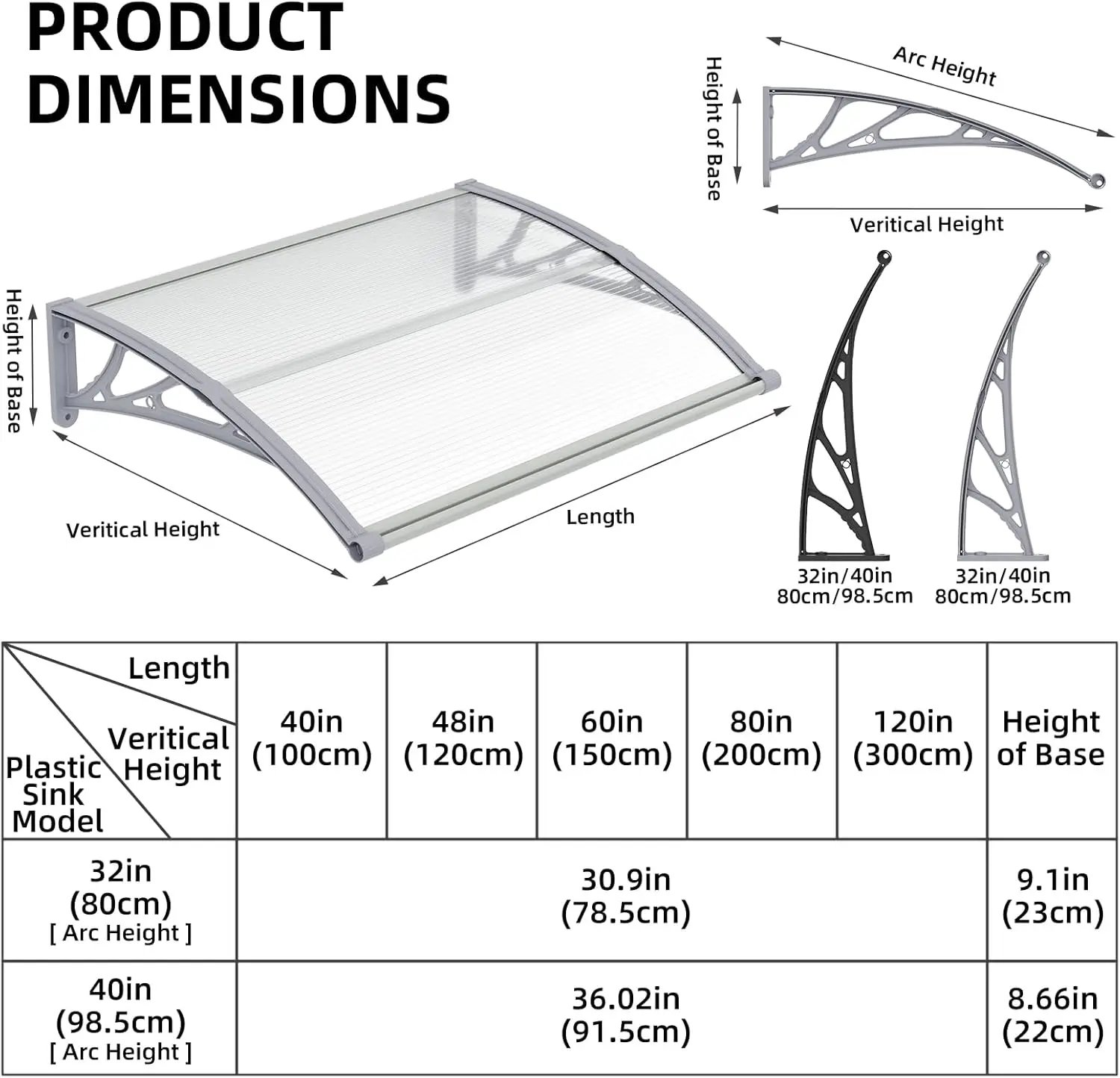 Window Awning Canopy for Doorway Outdoor Overhang Awnings ABS Bracket Polycarbonate Roof Cover 60/80/100/120/150/200/300/400 CM