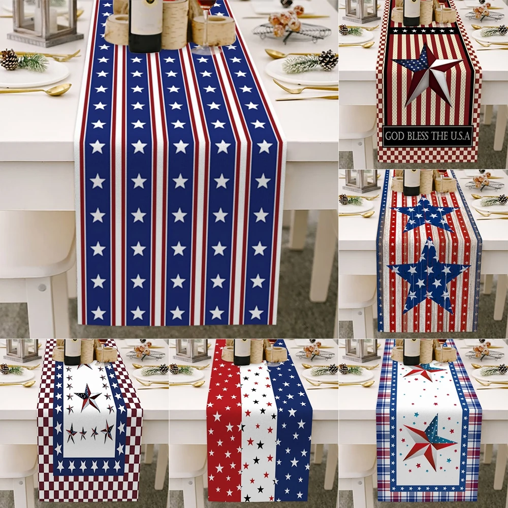 

Strip-type Table Runner Linen 4th Of July Patriotic Memorial Day Table Runner Table Runner Red White Blue Strips For Wedding