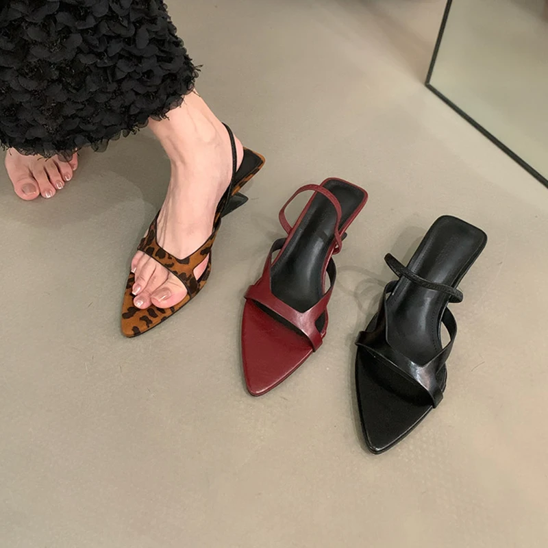 Leopard Print Summer Women Heeled Sandals Pointed Toe Shoes Woman Sexy Dress Slippers New Slingback Fad Sandalias De Mujer