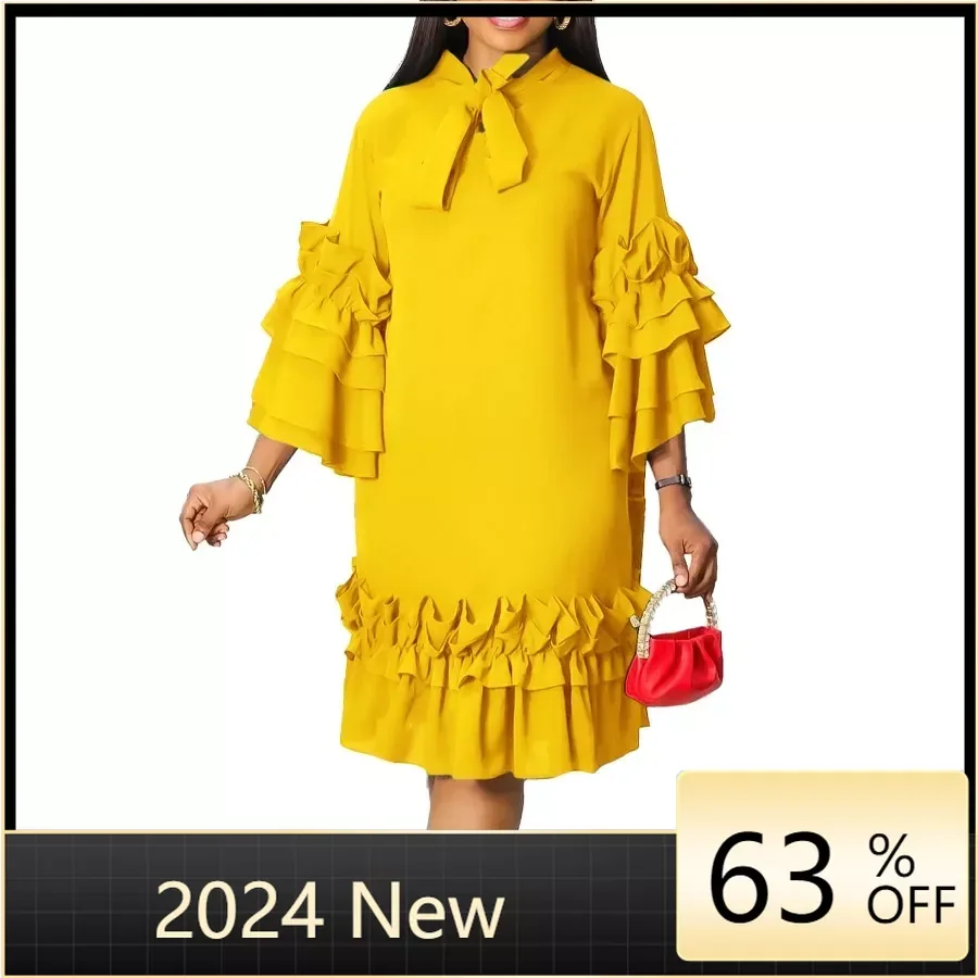 Elegant Ruffles Pleated Dress Women Wrist Sleeve Bowknot Collar Loose A-line Birthday Dress Solid Evening Party Dresses Vestidos 2023 summer maternity dress ruffles patchwork puff sleeve o neck faux two pieces adjustable waist pregnant woman striped dresses