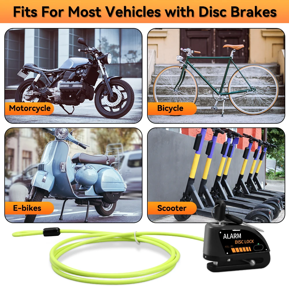 Rechargeable Waterproof 120dB Loud Motorcycle Anti-Theft Alarm Disc Brake Lock