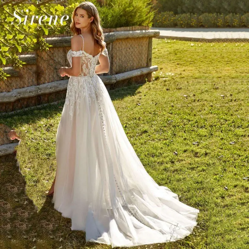 Elegant Sweetheart Wedding Dresses Off The Shoulder Backless Lace Applique Tulle Side Split Bridal Gowns Train Vestidos De Novia