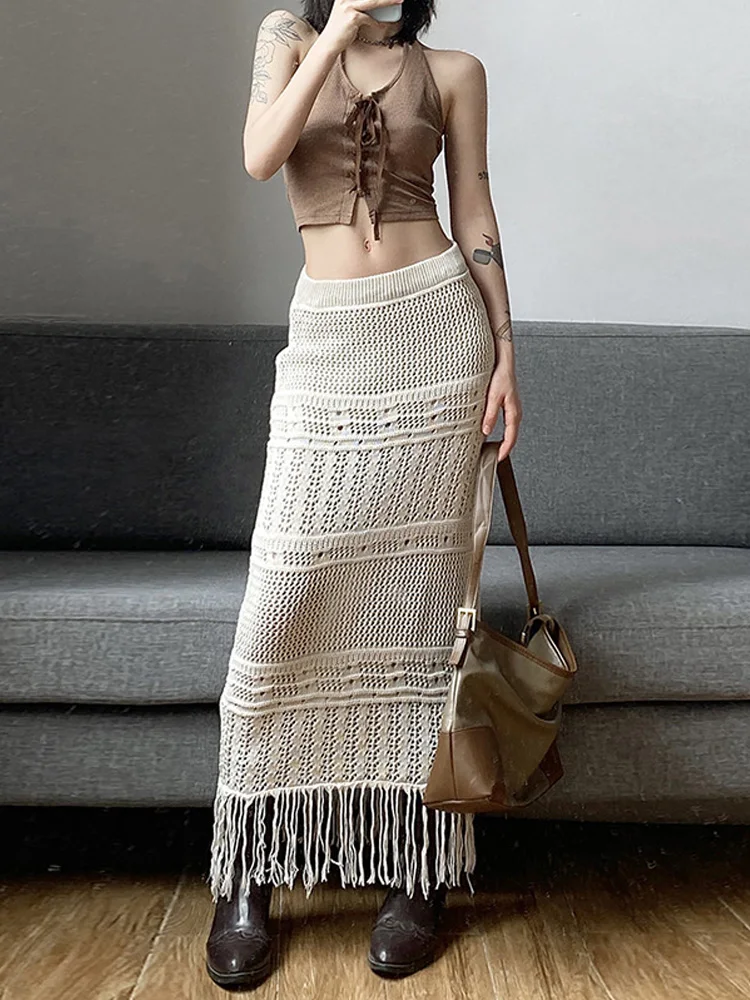 Hollow Out Tassels Sexy Soild Skirts For Women Clothes Casual Breasted Dress Perspective Fashion Mujer Streetwear Silm Faldas пуловер perspective