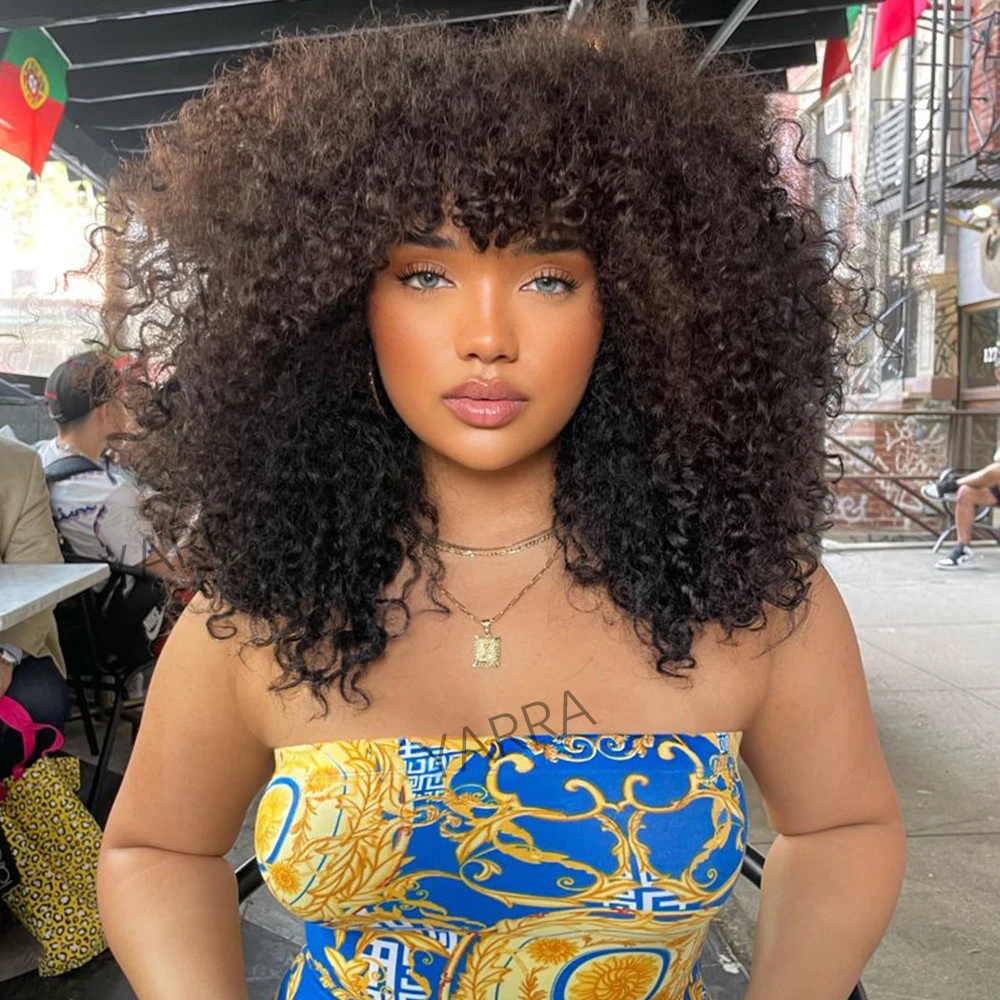 

Afro Kinky Curly Human Hair Wig With Bangs For Black Women 250% Density Glueless Brazilian Remy Full Machine Made Hair Yarra