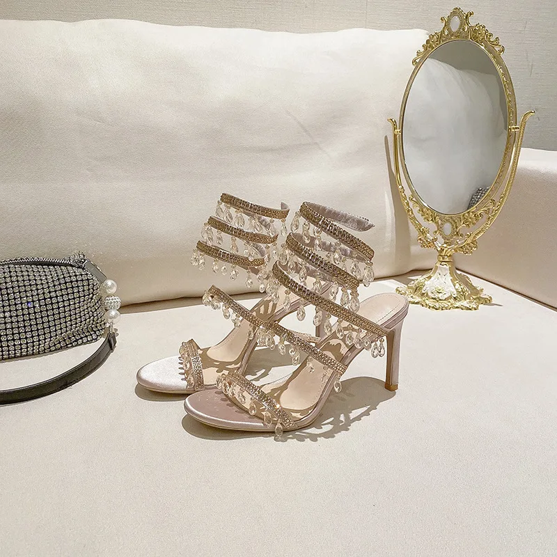 Women Sandals Crystal Wrap Summer Wedding Shoes High Heel Party Shoes Ankle Strappy Designer Stiletto Heel