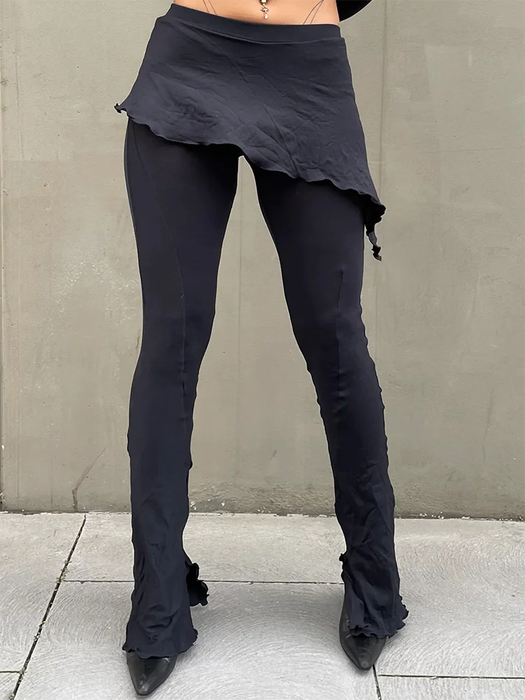 Absobe Asymmetrical Patchwork Ruffles Flared Long Pants Women Low Rise Solid Color Slim Casual Trousers Hottie Autumn Streetwear