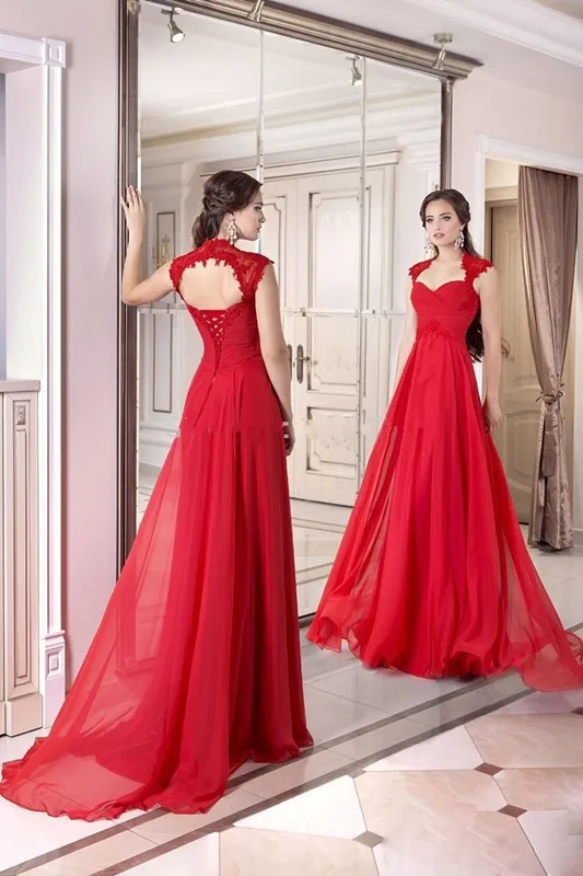 

Elegant Appliques Lace Chiffon Long Evening Dress 2015 New Arrival Formal Dresses Sexy Red Sweetheart Summer Women Evening Gowns